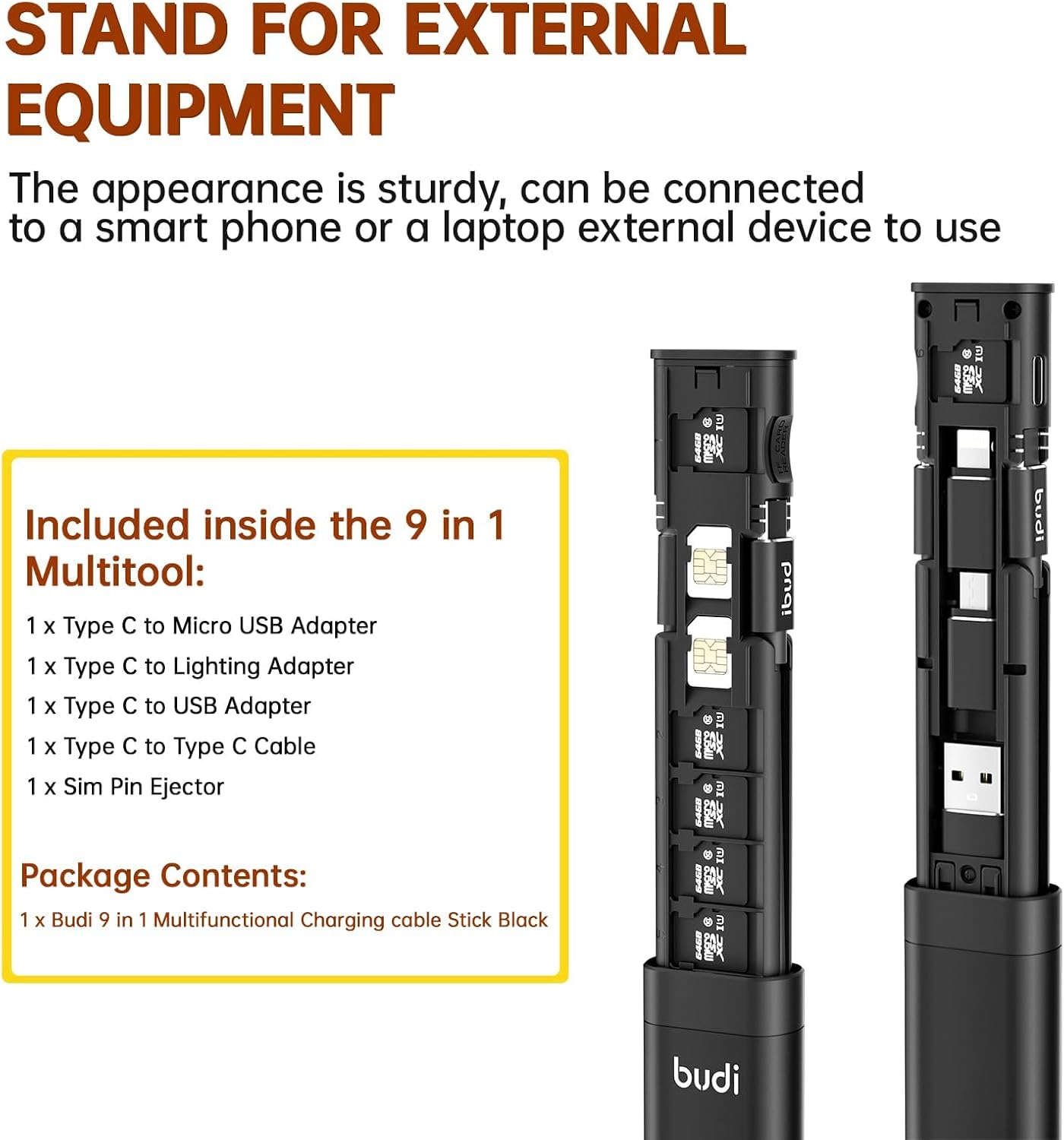 BUDI 9 1 Multifunctional in Data Cable with USB Type-C Card Reader with Sim Card Tray Pin Eject Removal Tool Needle