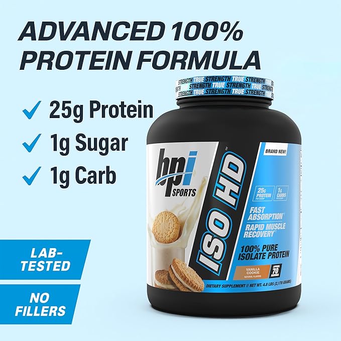 BPI Sports ISO HD Isolate Protein Powder ??100% Whey Isolate, Protein Powder for Muscle Gain - Vanilla Cookie, 4.8 LBS - 70 Servings
