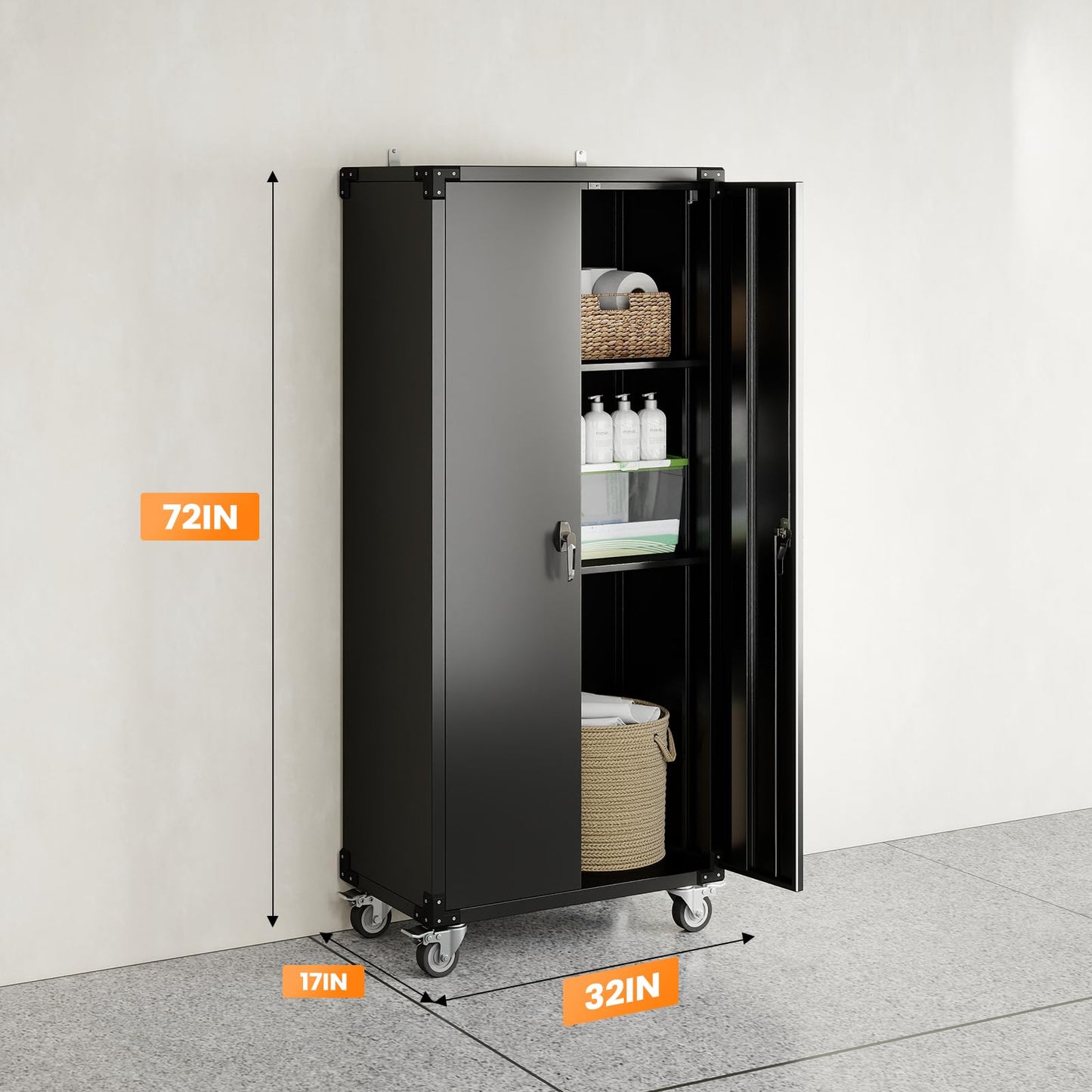 DUMOS 72" Metal Garage Storage Cabinet with Wheels, Tall Rolling Steel Tool Cabinet with Adjustable Shelves and Locking Doors, Lockable File Cabinet for Garage, Home, Office, Warehouse, Black