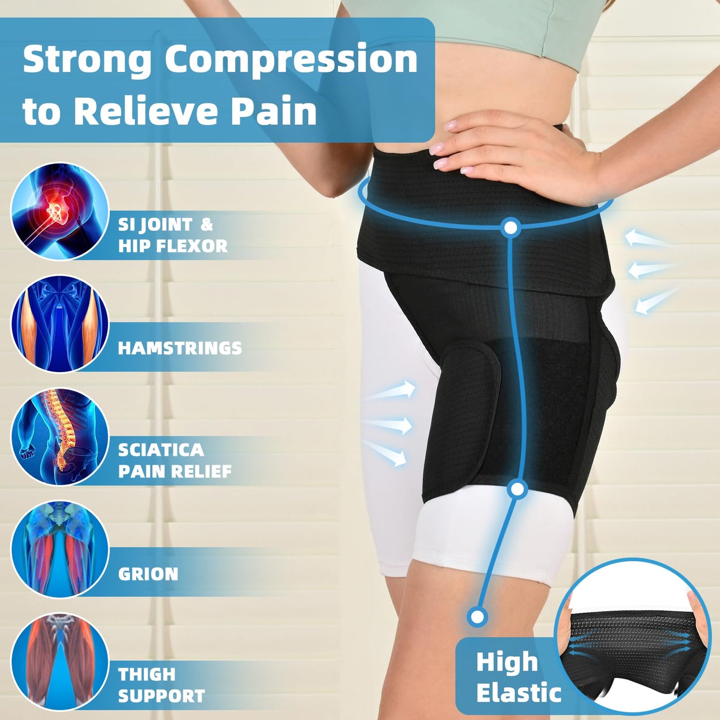 Tenbon Adjustable Hip Brace for Sciatica Pain Relief & Sacroiliac Support - Compression Wrap for Hamstring, Hip Flexor, Groin Injuries, Thigh Stabilizer - SI Joint Belt for Men & Women (M/Left)