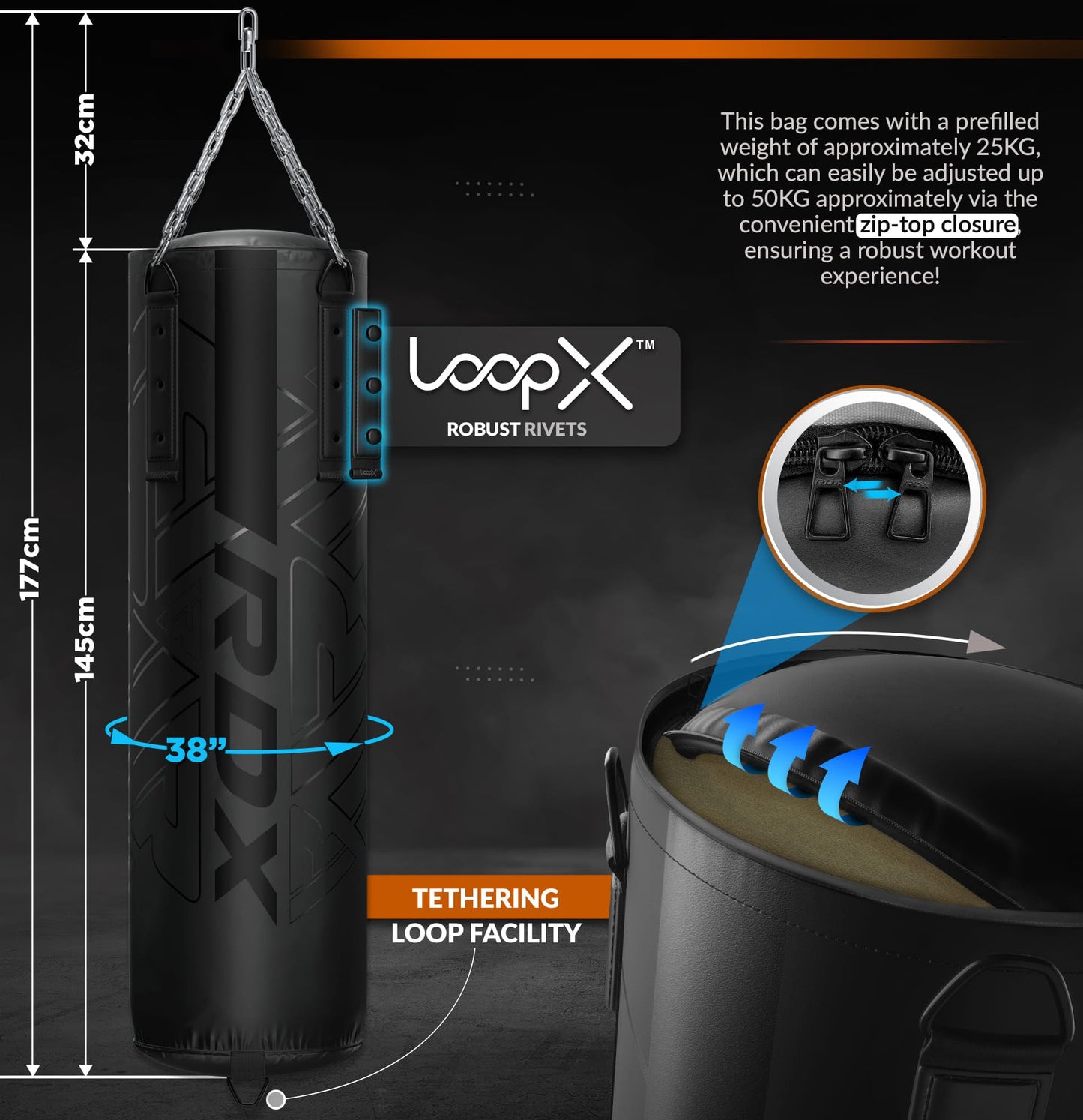 RDX Heavy 5FT Punching Bag for Pro Training, 55lbs Pre Filled with 110lbs Max Filling Capacity, 3PC Boxing Bag Set with Gloves Hanging Steel Chain, Kickboxing MMA Muay Thai BJJ Karate Home Gym Fitness