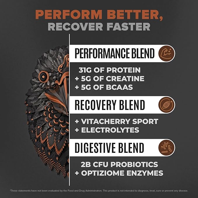 Falcon Performance Vegan Protein Powder, 31g Protein, 5g Creatine, 5g BCAA, Probiotics, Electrolytes, Pre Workout, Low Carb, Sugar Free & Dairy Free, Plant Based Chocolate Protein, 28 servings