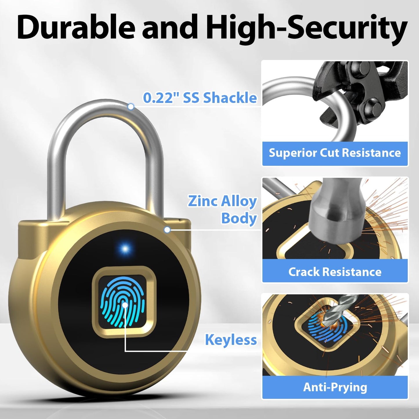Keylesslife Fingerprint Lock,Gym Locker Lock,Smart Padlock Bluetooth APP Control Biometric Lock for Locker School Suitcase Cabinet Storage Gold