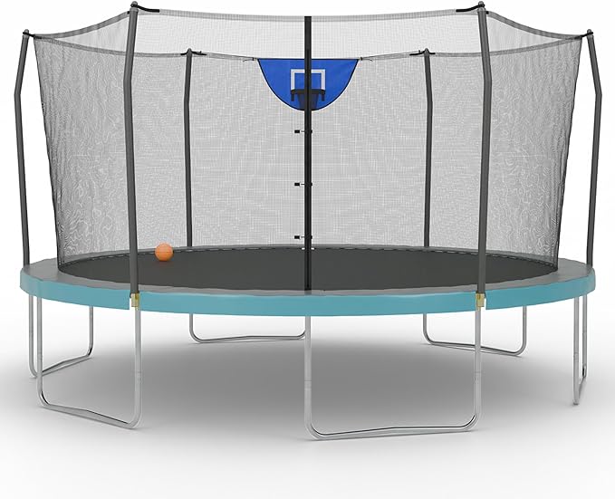 Skywalker Trampoline Outdoor 8 FT, 12 FT, 15 FT Jump N’ Dunk Round Outdoor Trampoline with Net, Trampoline Mat, and Basketball Hoop for Trampoline