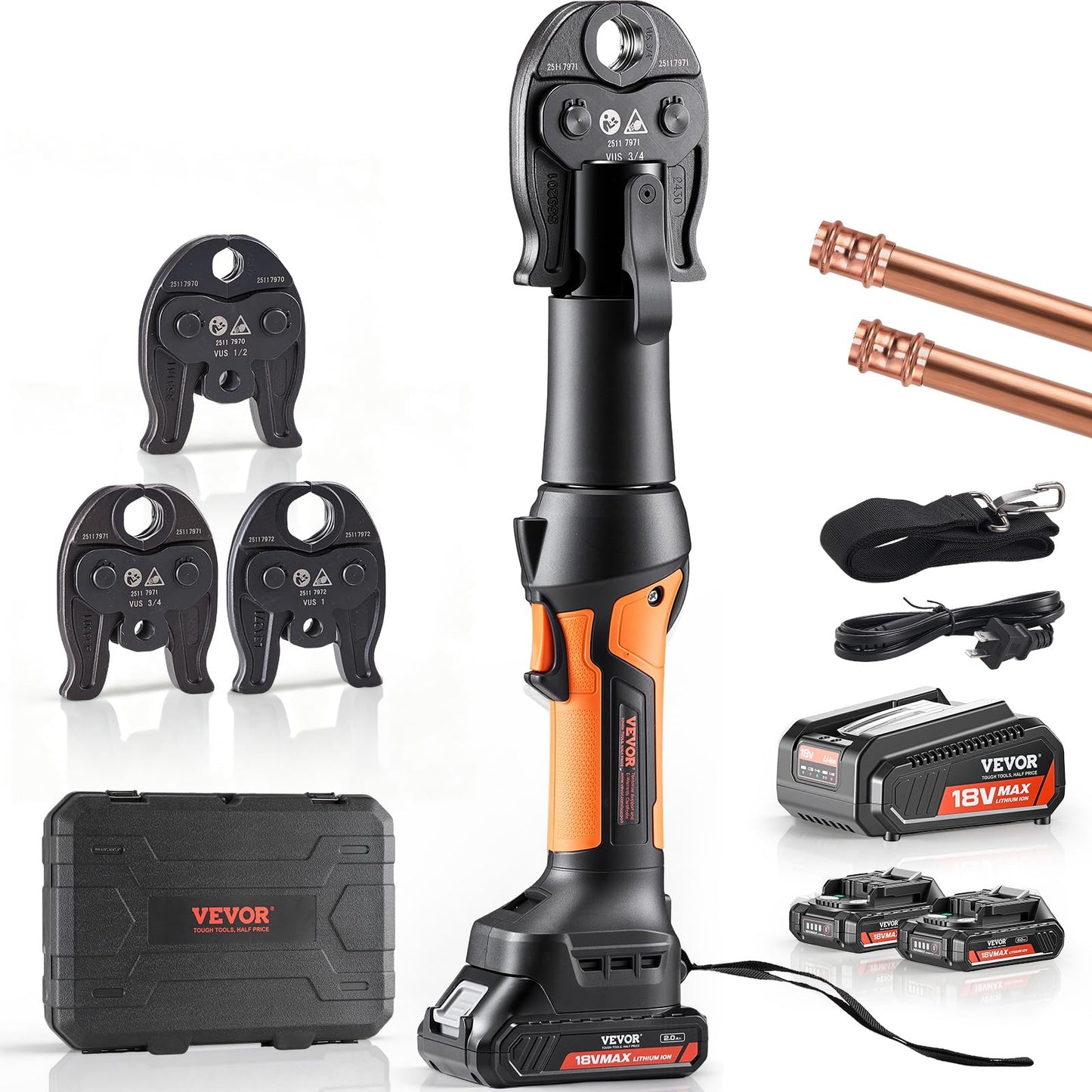 VEVOR Press Tool, 18V Electric Pipe Crimping Tool for 1/2", 3/4", 1" Copper Pipes, 24KN Press Tool Kit Compatible with ProPress - with 3 Press Jaws, 2pcs 18V 2AH Battery, Fast Charger & Carrying Case
