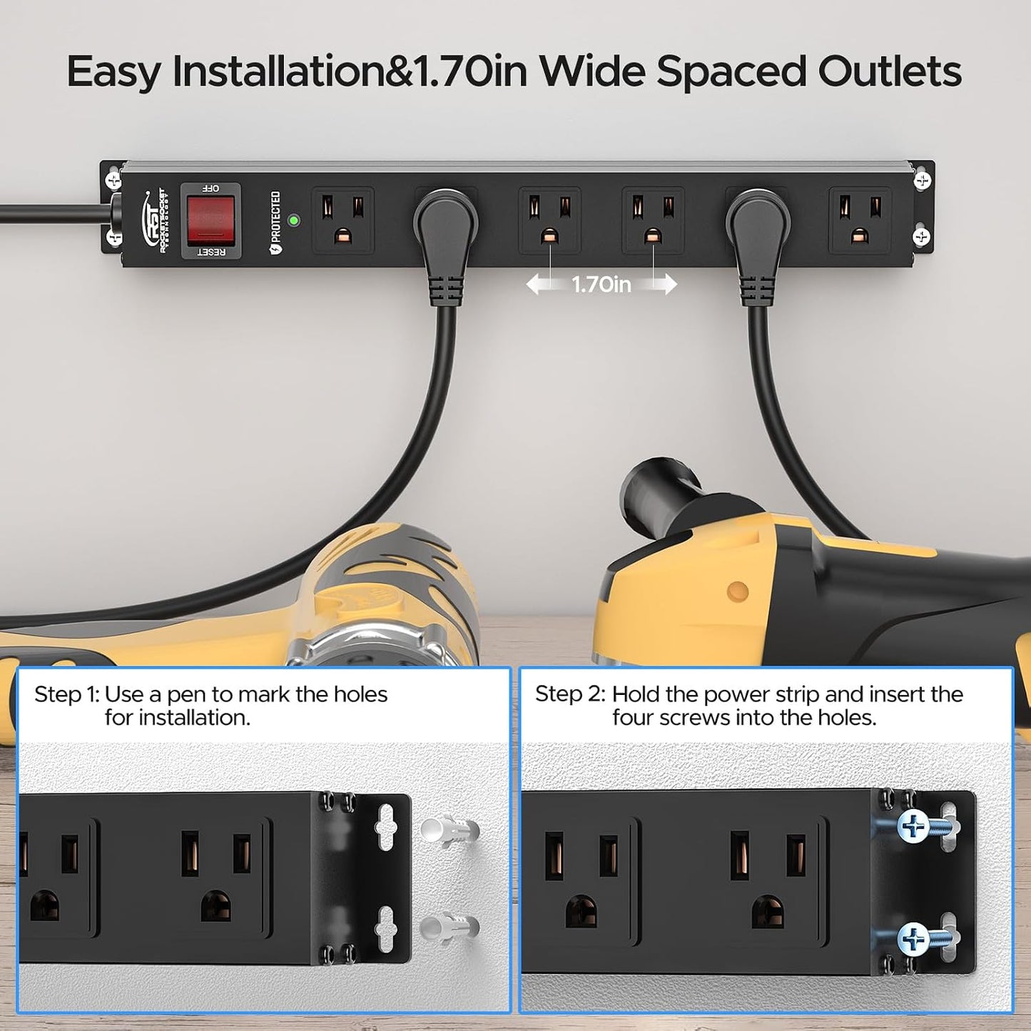 CRST 6 15A/1875W 2100Joules, 10 Outlet Heavy Duty Power Strip with Switch, Metal Mountable Power Strip Surge Protector