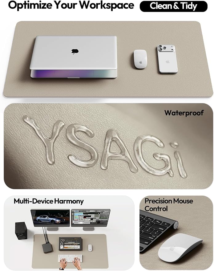 YSAGi Leather Desk Protector, Office Mat, Large Mouse Mat, Non-Slip PU Leather Blotter, Laptop Pad, Waterproof Writing Pad for Office and Home (Olive Beige, 47" x 17")