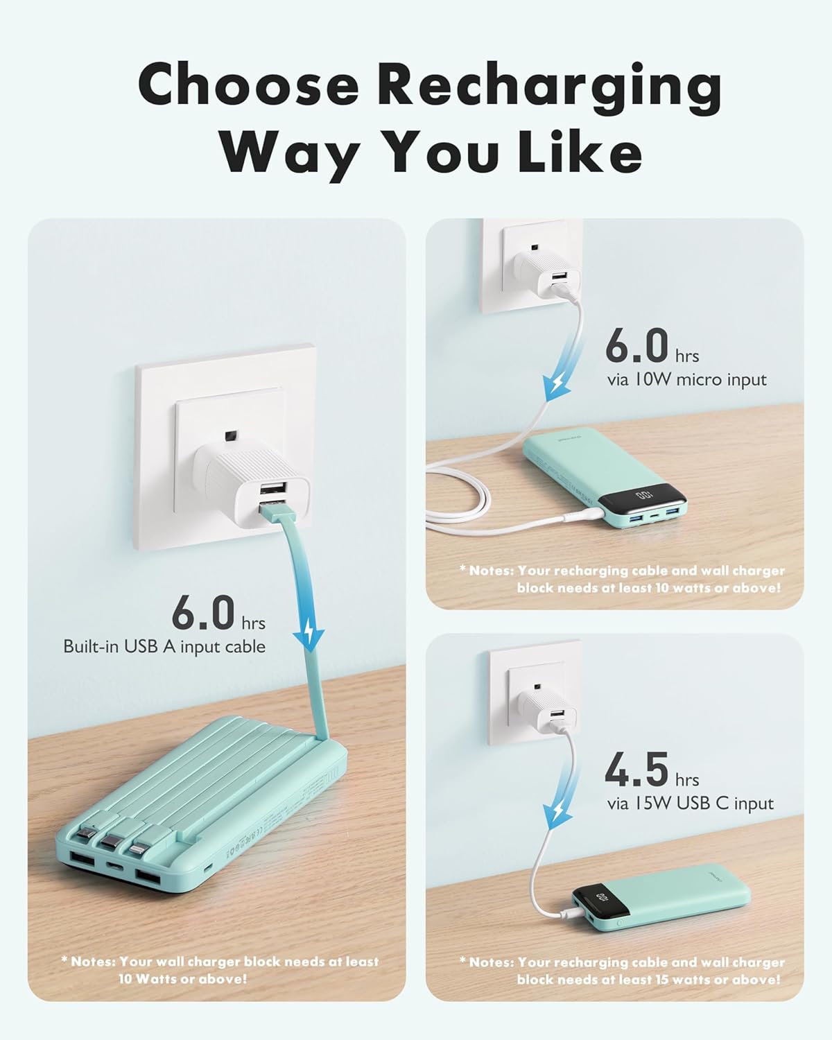 charmast 10000mAh Pack 6 3 5A Portable Charger with Built in Cables, Power Bank with Cords Wires, Slim Travel Battery