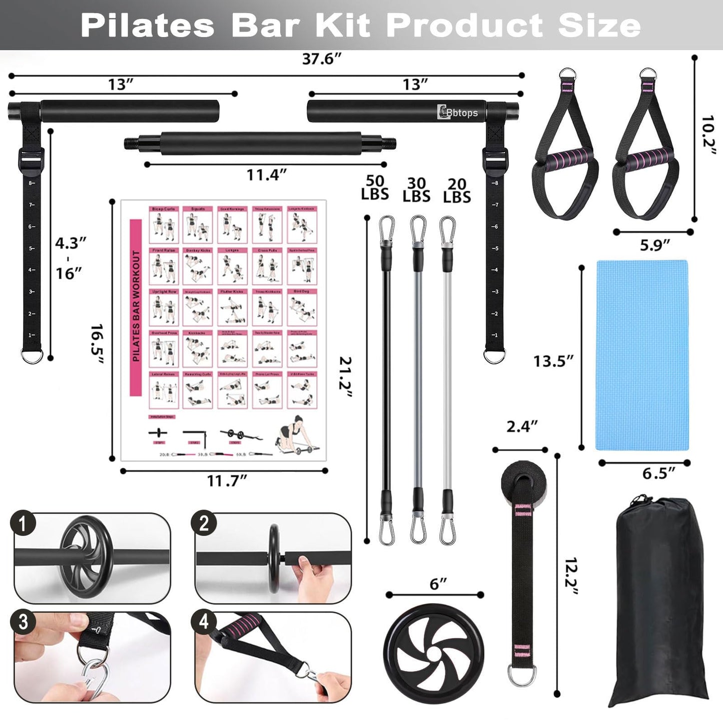 BBTOPS Pilates Bar Kit with Resistance Bands, Pilates Equipment Exercise Bar with Ab Roller for Abs Workout, Portable Home Gym Yoga Fitness Bar for Women & Men (Black)