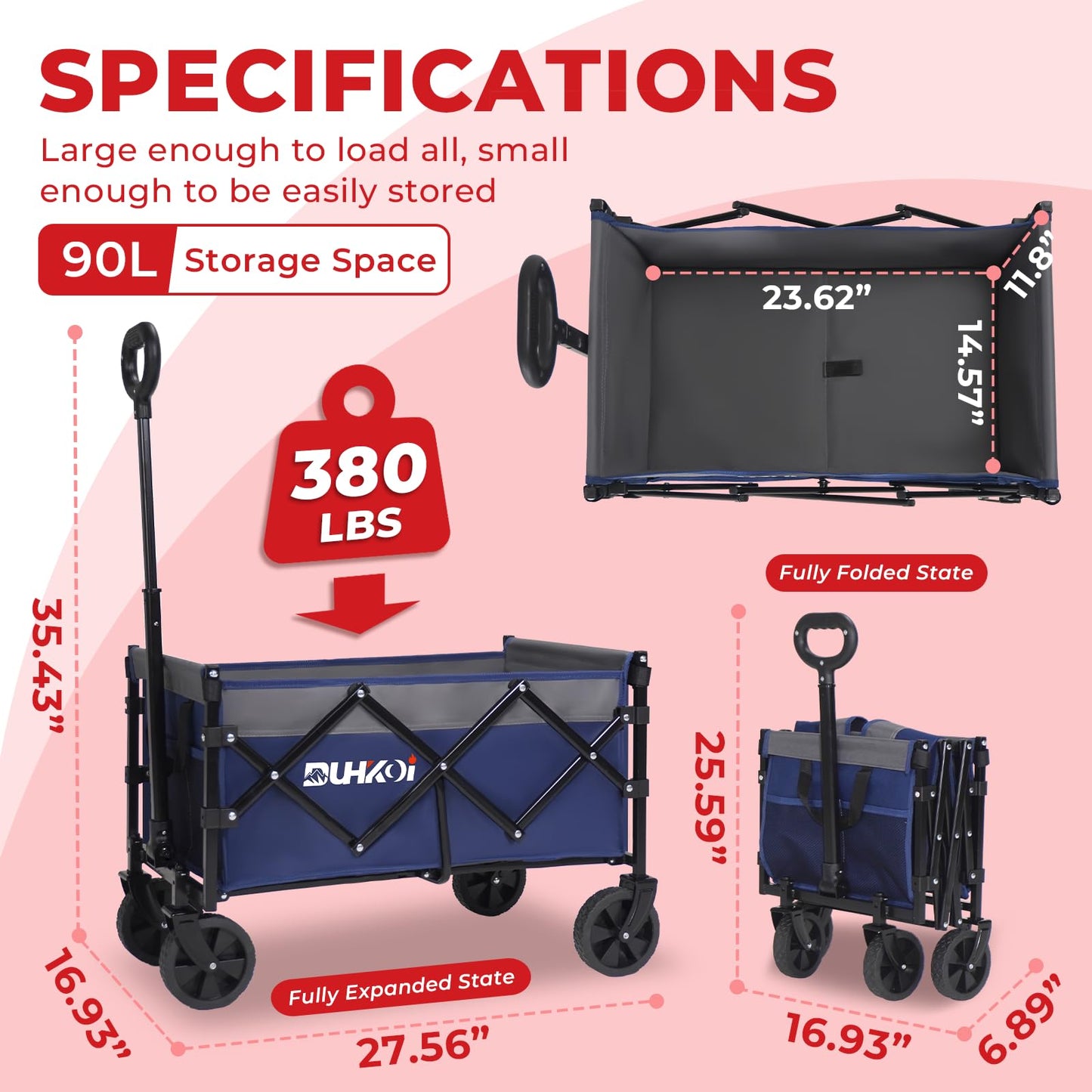 DUHKOI Collapsible Wagon Cart with Wheels Foldable,11 Lbs Lightweight Portable Folding Utility Wagon,90 L Heavy Duty Grocery Shopping Carts,Versatile for Garden Sports Camping Outdoor Use (Navy Gray)