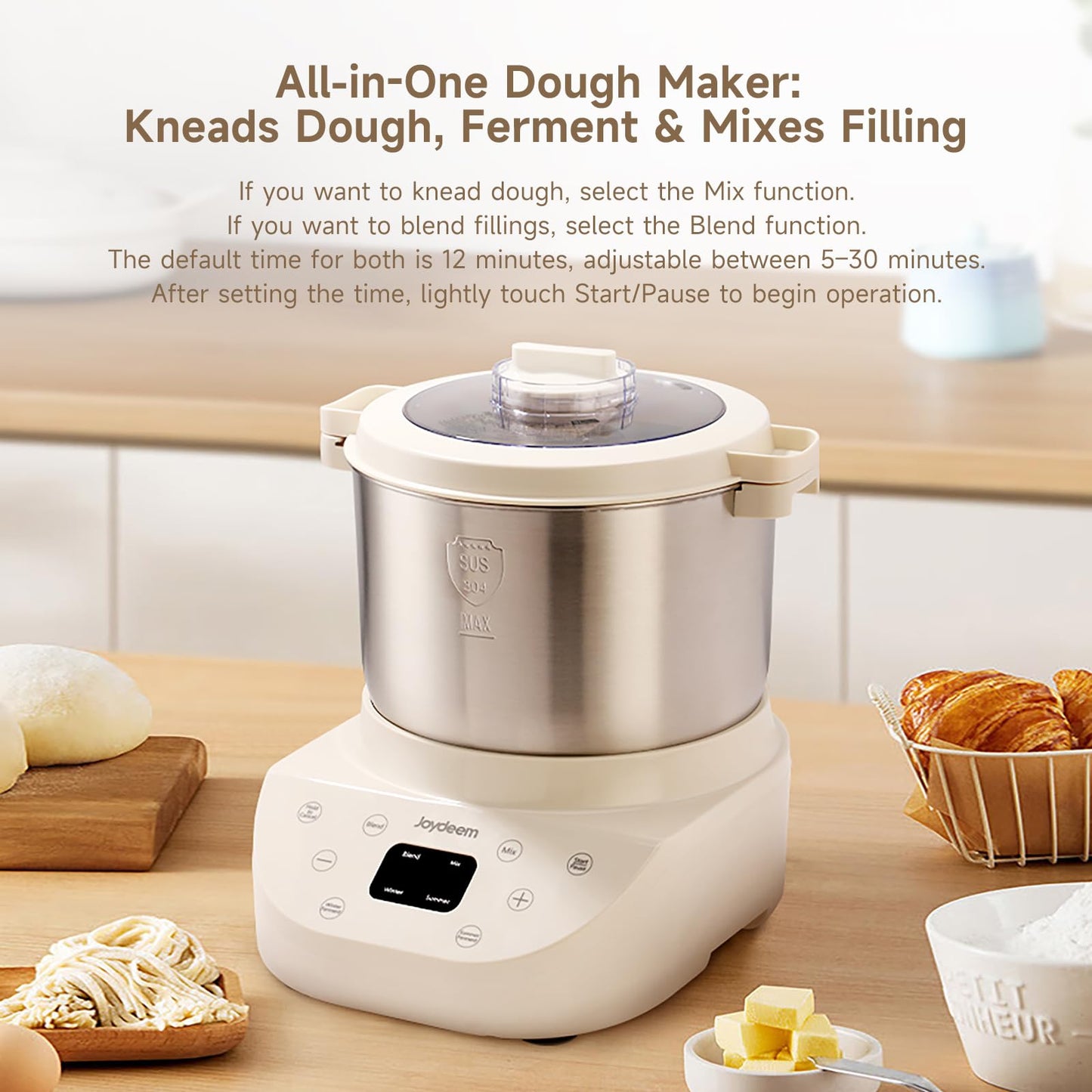 Joydeem Electric Dough Maker, 9.5Qt with Winter & Summer Fermentation, Dual Functions (MIX for Dough/Kneading, BLEND for Filling) - Ideal for Bread, Pizza, Roti, Dumplings, Sourdough, HMJ-A901