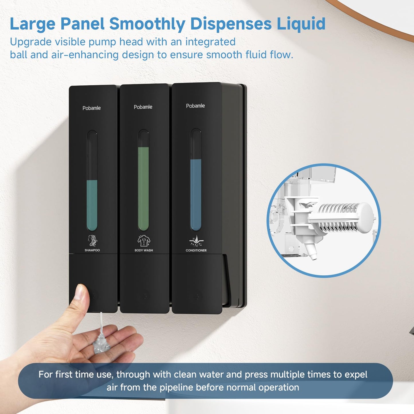 Pobamle Shampoo and Conditioner Dispenser - Shower Soap Dispenser Wall Mounted No Drill - Shampoo Conditioner Body Wash Dispenser 3 Chamber - Easy Install for Bathroom Hotel Black 1200ml