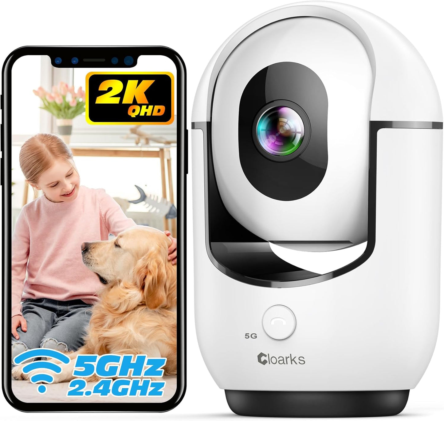 Cloarks 2K 5/2.4 2-Way 24/7, Indoor Camera, GHz WiFi Pan/Tilt Security Camera with AI Motion Detection, One-Click Call