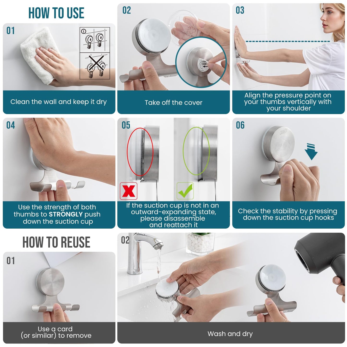 TAILI 2 Pack Powerful Suction Cup Razor Holder, 304 Stainless Steel Bathroom Suction Hooks for Towel, Loofah, Bathrobe, Stylish Shaver Holder for Shower Wall, Easy to Install and Reuse, Silver