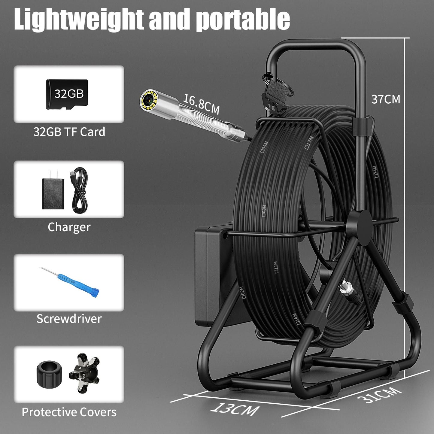 ESANHAO Sewer Camera 100ft Drain Pipe Camera Plumbing Snake 8500mAh Battery, 23mm HD, 12LEDs, DVR Recording, 32GB TF Card Included