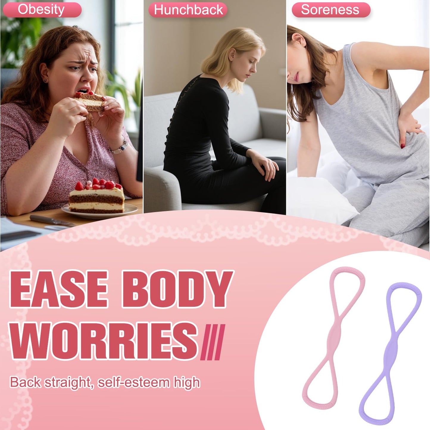 2Pack Figure 8 Resistance Band for Women, Resistance Bands with Handles, Portable 8 Shaped Exercise Band, for Strength Training Yoga Pilates (Pink 15 pounds + Purple 25 pounds)