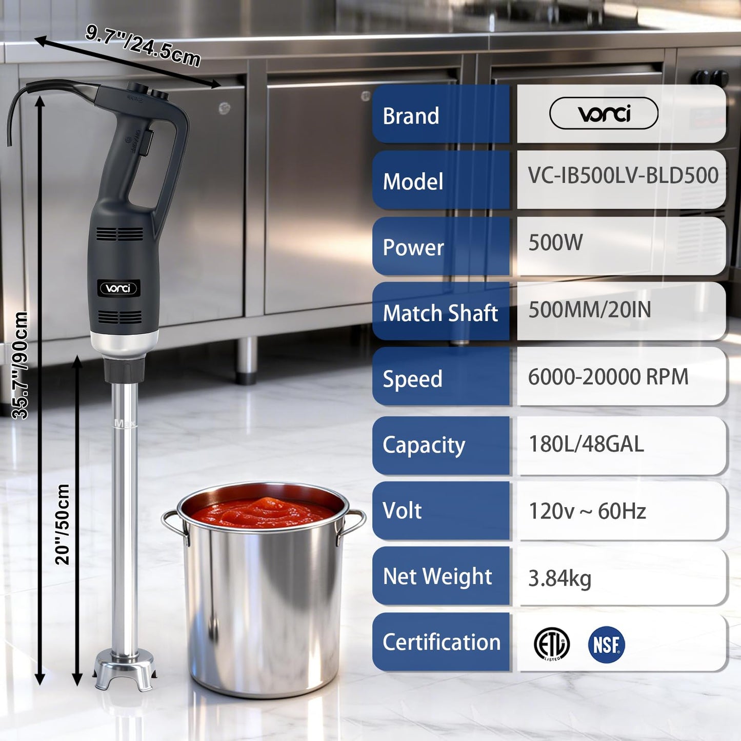 VONCI 500W Commercial Immersion Blender Handheld, 20" 304 Removable Shaft, Heavy Duty Stick Blender with Variable Speed 6000-20000RPM, Long Hand Mixer for Professional Kitchen Use.