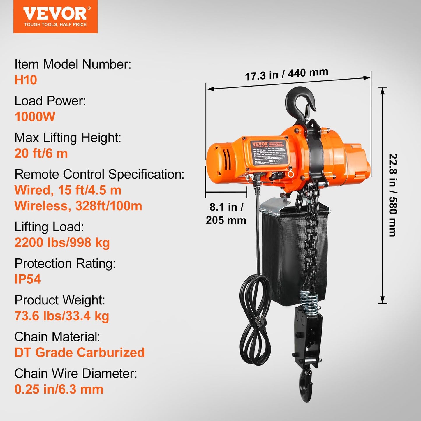 VEVOR Electric Chain Hoist, 2200 lbs Load, 20 ft Lifting Height, 120V, Single Phase Overhead Crane with Chain, 328 ft Wireless & 15 ft Wired Remote Control for Garage, Shop, and Home