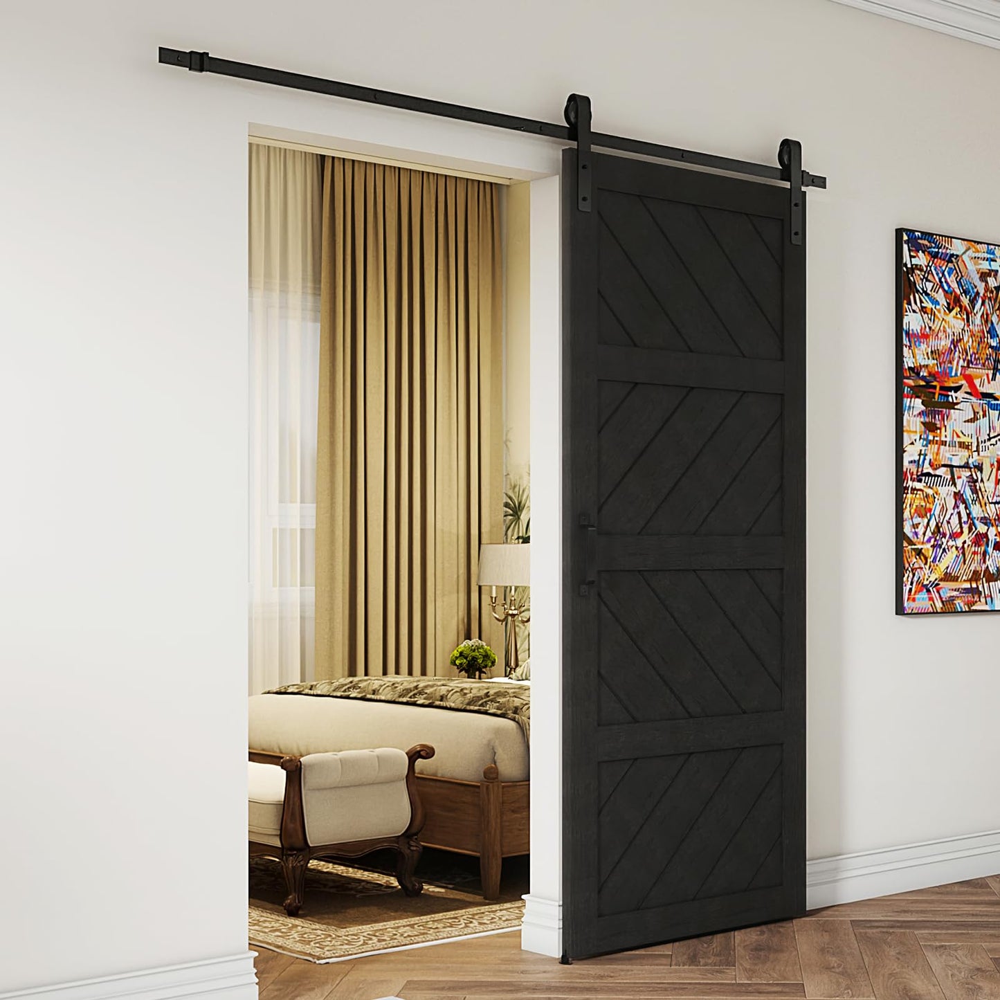 ARKHJEM Sliding Barn Door 30”x84”, Black Barn Doors with Modern Paneled Wave Design, Complete Barn Door Set, Waterproof PVC Surface, Assembly Required for Bedroom, Living Room, Closet, or Bathroom