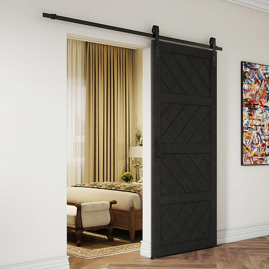 ARKHJEM Sliding Barn Door 30”x84”, Black Barn Doors with Modern Paneled Wave Design, Complete Barn Door Set, Waterproof PVC Surface, Assembly Required for Bedroom, Living Room, Closet, or Bathroom