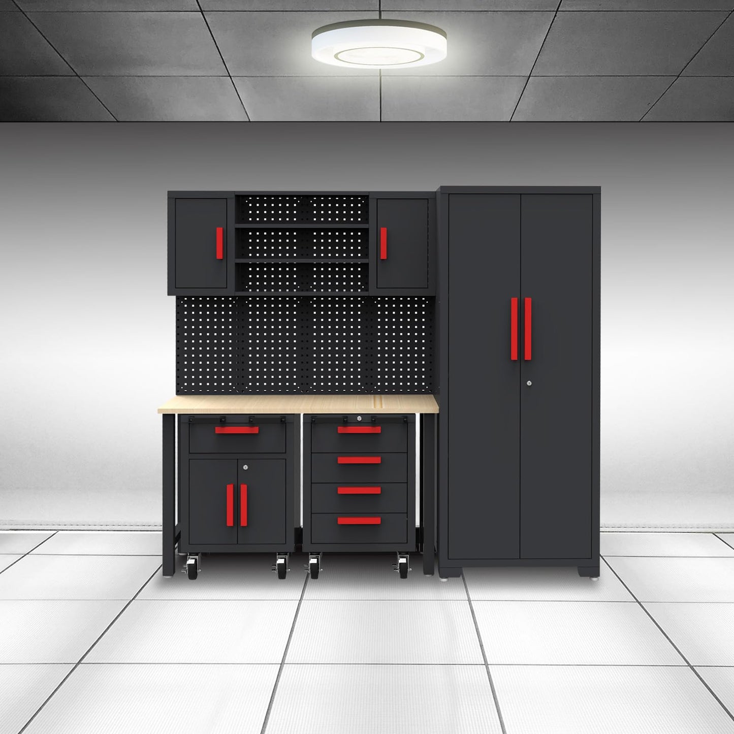 Big RED Garage Storage Cabinets System, 6-Pcs Workshop Cabinet Set in Black, Included Steel Cabinets Drawers Rolling Chest and Pegboard,Locked Garage Storage Cabinet
