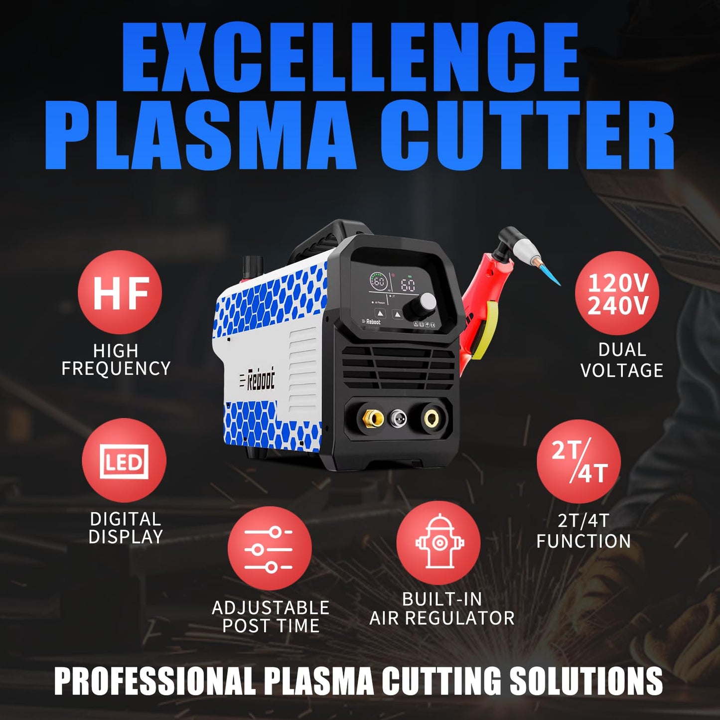 Reboot 60A Plasma Cutter, Large LED Display, 120/240V Synergic IGBT Inverter Cutting Machine, 1/2 Inch Clean Cut, 5/8 Inch Max Cut, Post Flow and 2T/4T, Built-in Air Regulator, for Beginners DIY Use