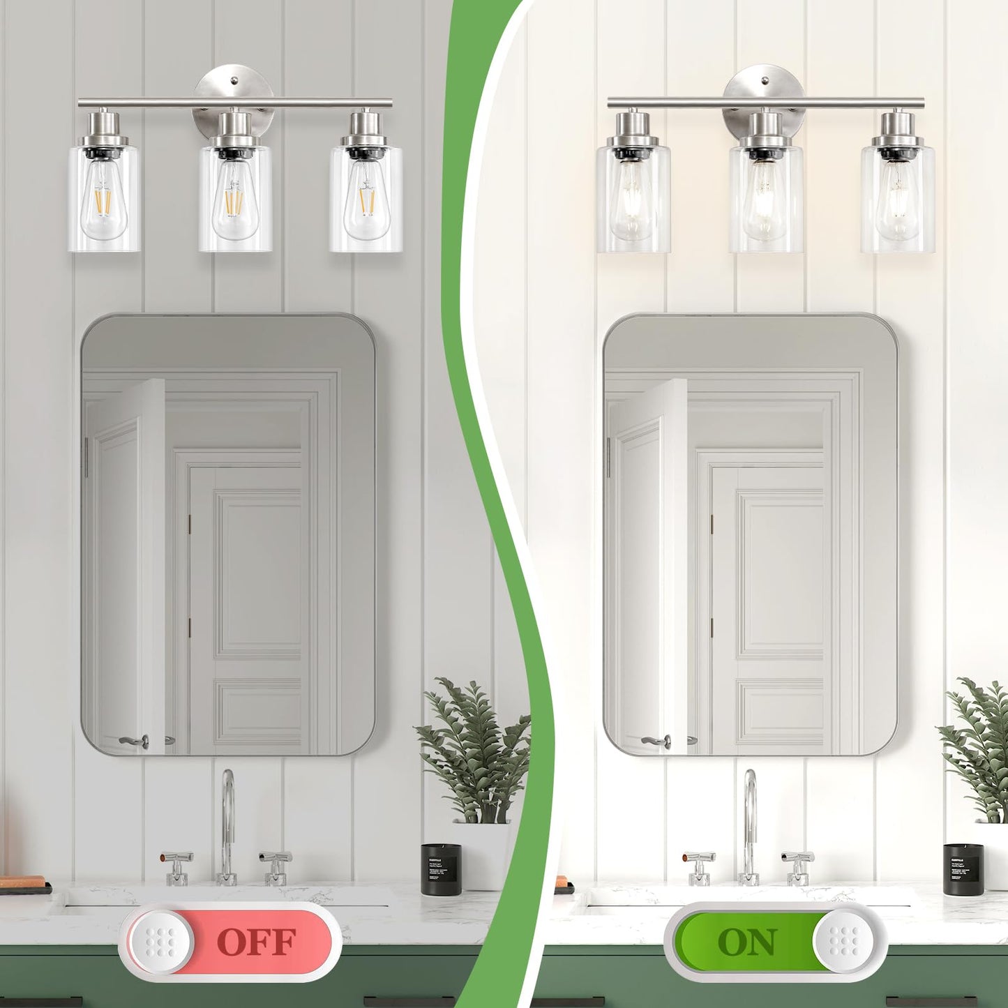 Guliaofo 3-Light Brushed Nickel Vanity Lights, E26 Modern Bathroom Light Fixtures with Clear Glass Shade, Wall Lamps for Mirror Kitchen Hallway Cabinet Living Room Sconces Lights