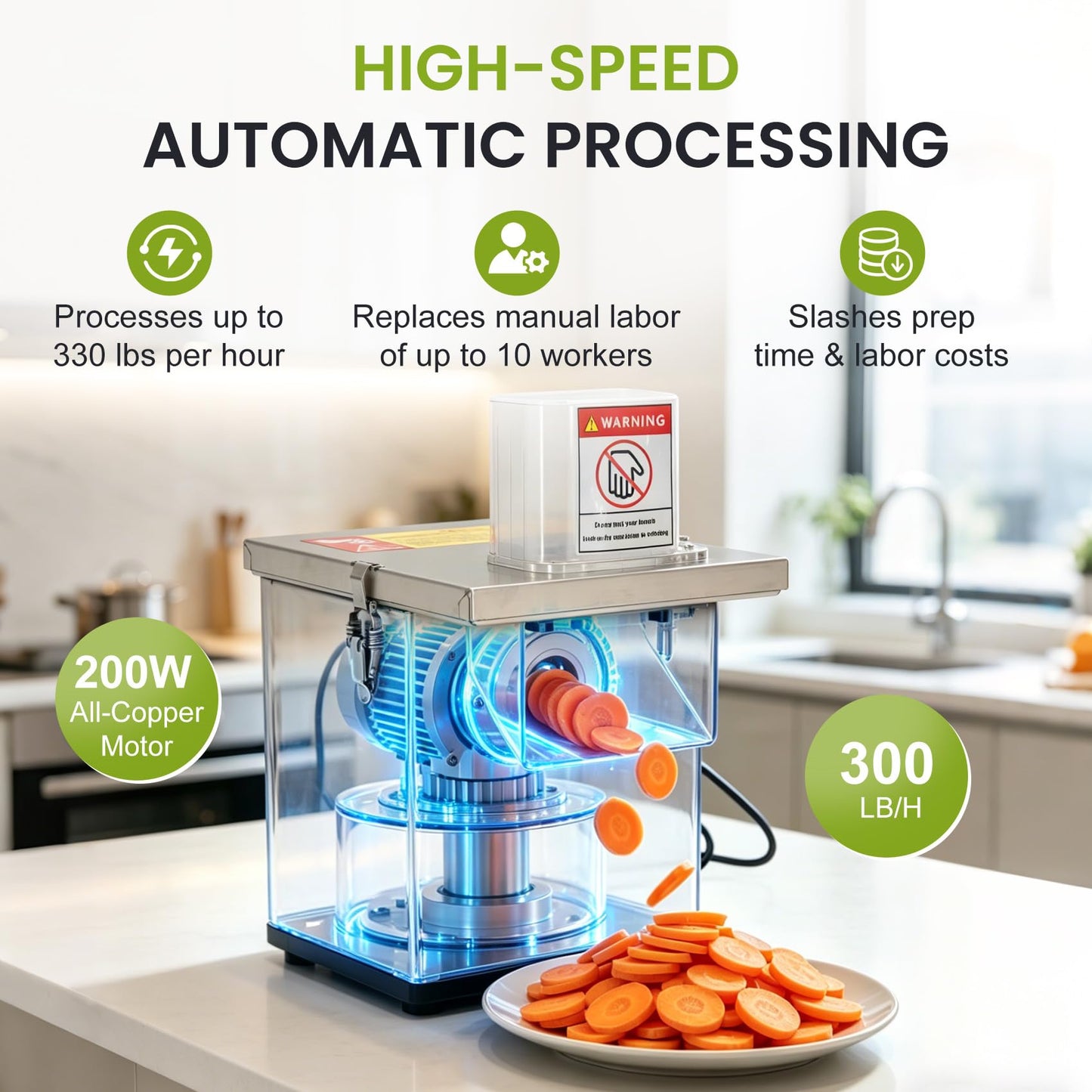 4-In-1 Electric Vegetable Chopper – 330 lbs/hr, 200W Motor, Slice/Dice/Shred/Wavy Cut, Stainless Steel, Large Feed Chute, Safety Shut‑off – for Restaurant & Home Kitchen