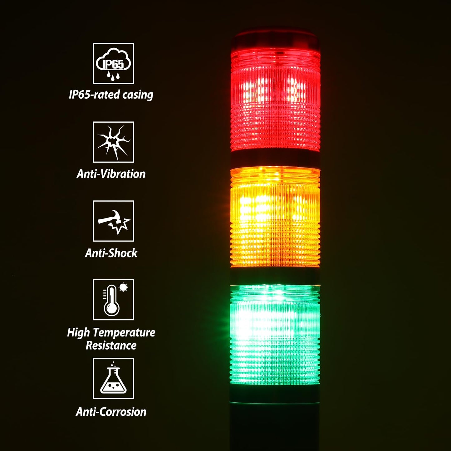 Zuomeng 3 Stack Super Bright LED Andon Tower Light, Red/Amber/Green, Plug & Play Ready, 6 ft Power Cord, IP65, 85 dB Buzzer, Easy Installation for Factory Automation & Safety Alarms