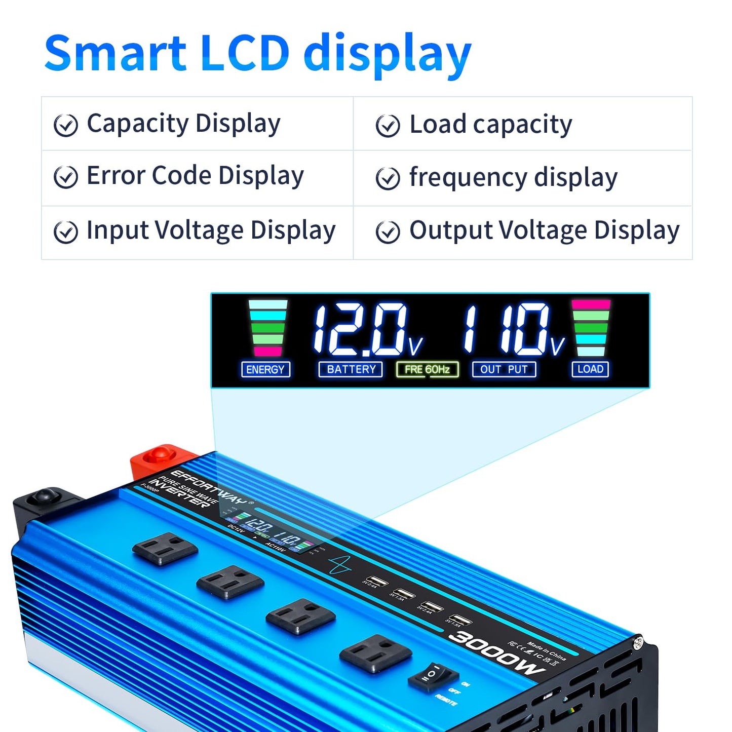 3000w Pure sine Wave Inverter DC 12V to AC 110V/120V Converter, 6000w (Peak) with LCD Display, Wireless/Wired Remote Control, 4AC outlets and 4USB.Ideal for Camping, RV Travel, Off-Grid Solar Systems