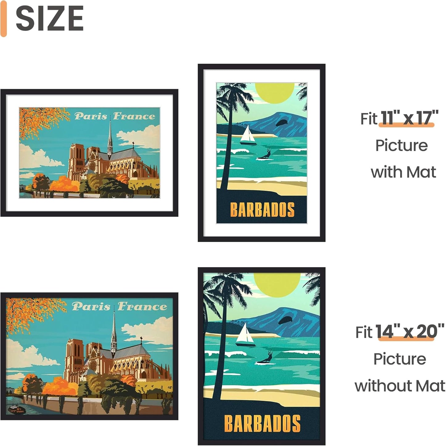 Upsimples 14x20 Picture Frame - Versatile Wall Hanging for 11x17 Photos with Mat, Black, 1 Pack
