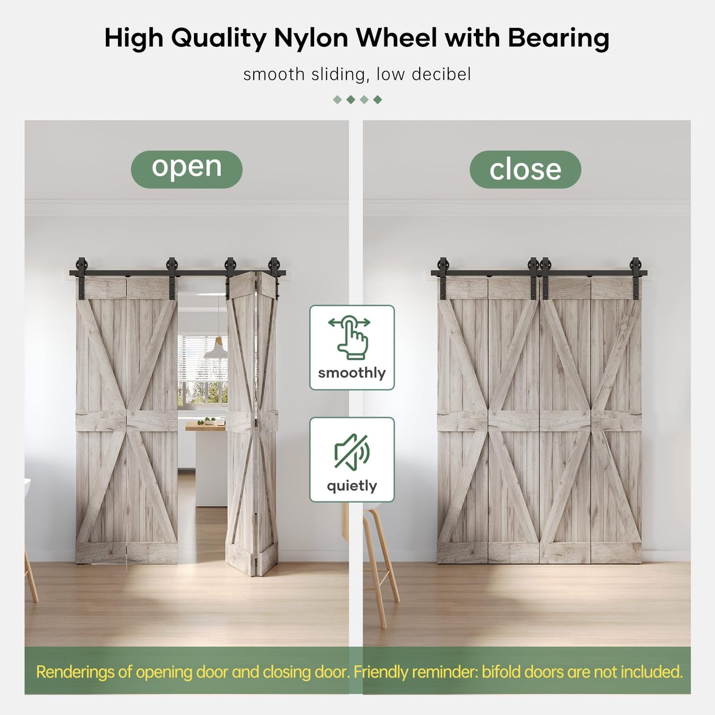 Roymelo 64" Bifold Sliding Barn Door Hardware Track Kit,Side Mounted Black Spoke Wheel Roller,Smoothly and Quietly,Assembly Easy,Fit Four 15" Bi-Folding Doors (Door Not Included)