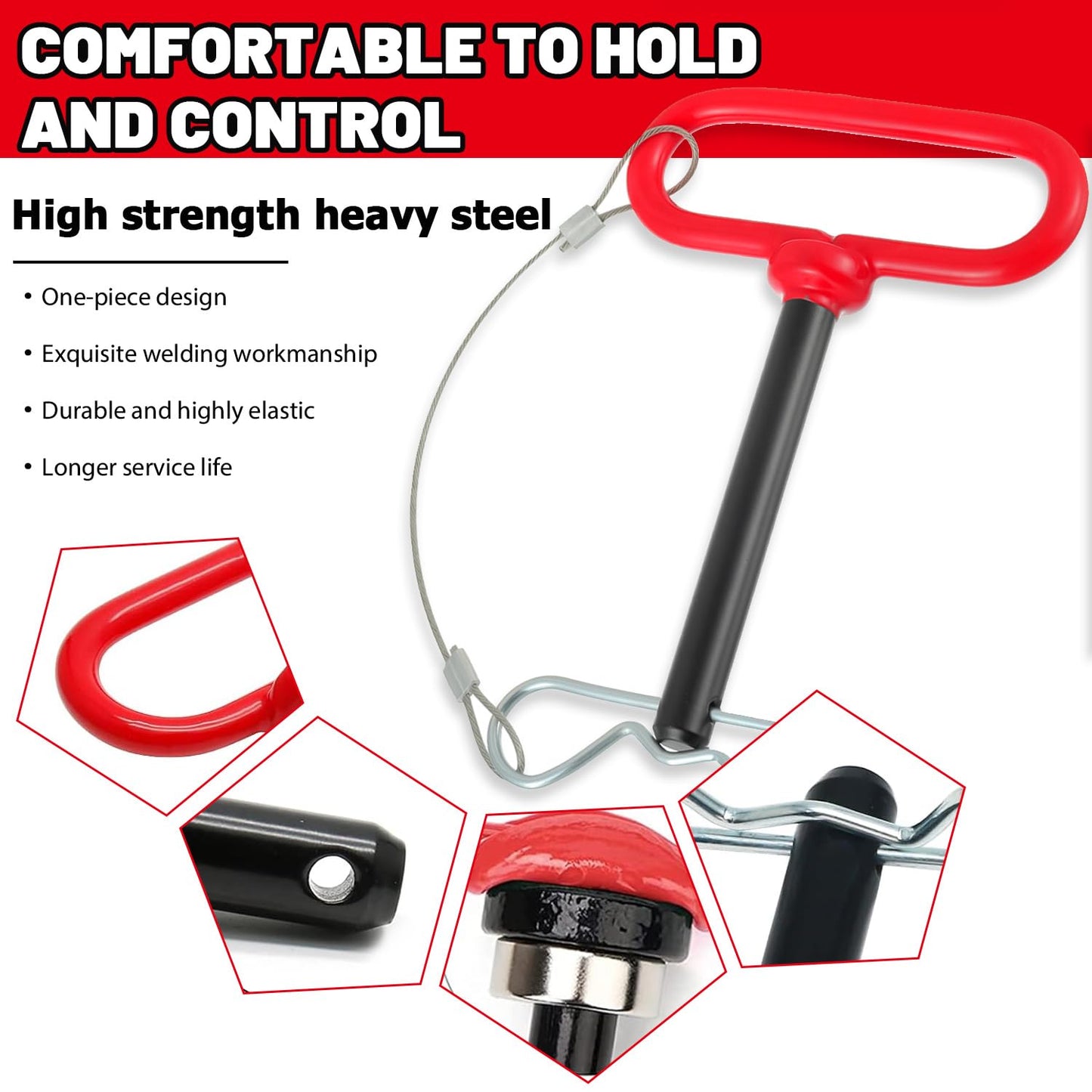 HUAREW 1/2 x 4 Inch Trailer Hitch Pin, Trailer Gate Pin for Towing Tractor, Lawn Mower, Car, Rubber Handle, with Safety Clip Anti-Loss Rope (Pack of 2