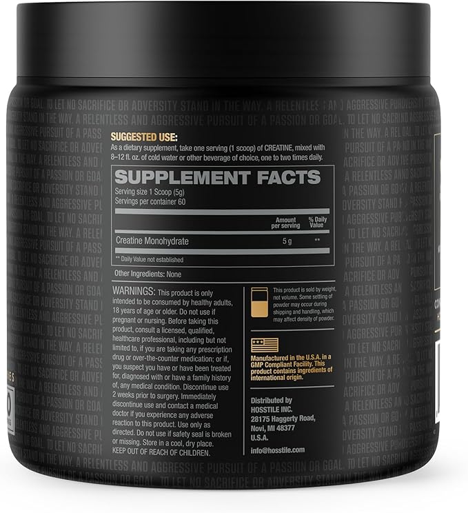 HOSSTILE Creatine Monohydrate Powder for Men & Women, Micronized, Improve Muscle Size, Strength & Power Output, Post Workout Recovery Drink, Unflavored, 60 Servings