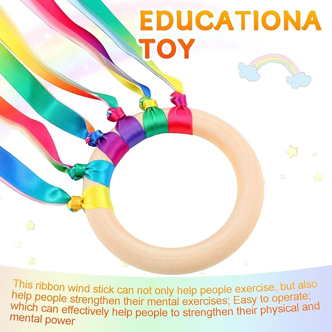 Junkin Ribbon Rings Hand Kite Waldorf Toys Dancing Wrist Ribbons Rainbow Streamers with Wood Ring Sensory Learning Educational Toy for Playroom Dancing Birthday Party Gift(Gradient,24 Pcs)