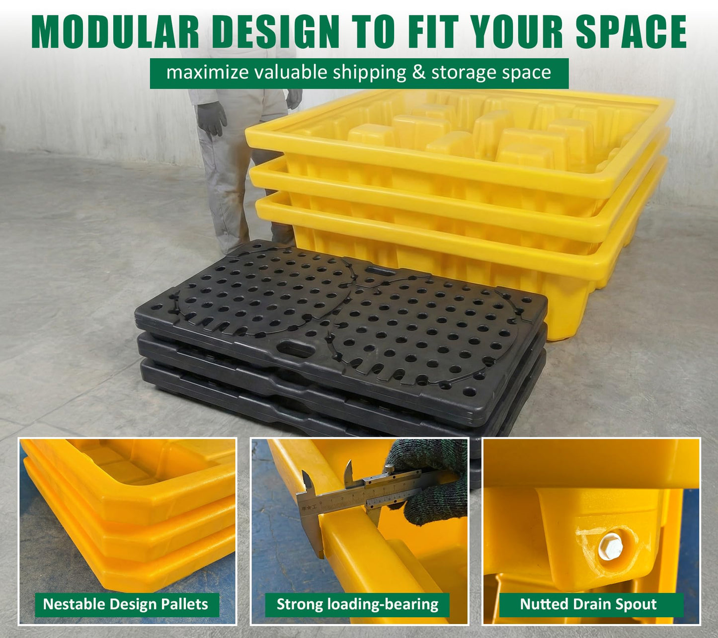 Natotela 4 Drum Large Capacity Spill Containment Pallet Platform with Drain and Forklift Pockets 69 Gallon Sump 51.2x51.2x11.8in 5511 lbs Load Spill Pallet LDPE Containment Tray for Industrial Storage