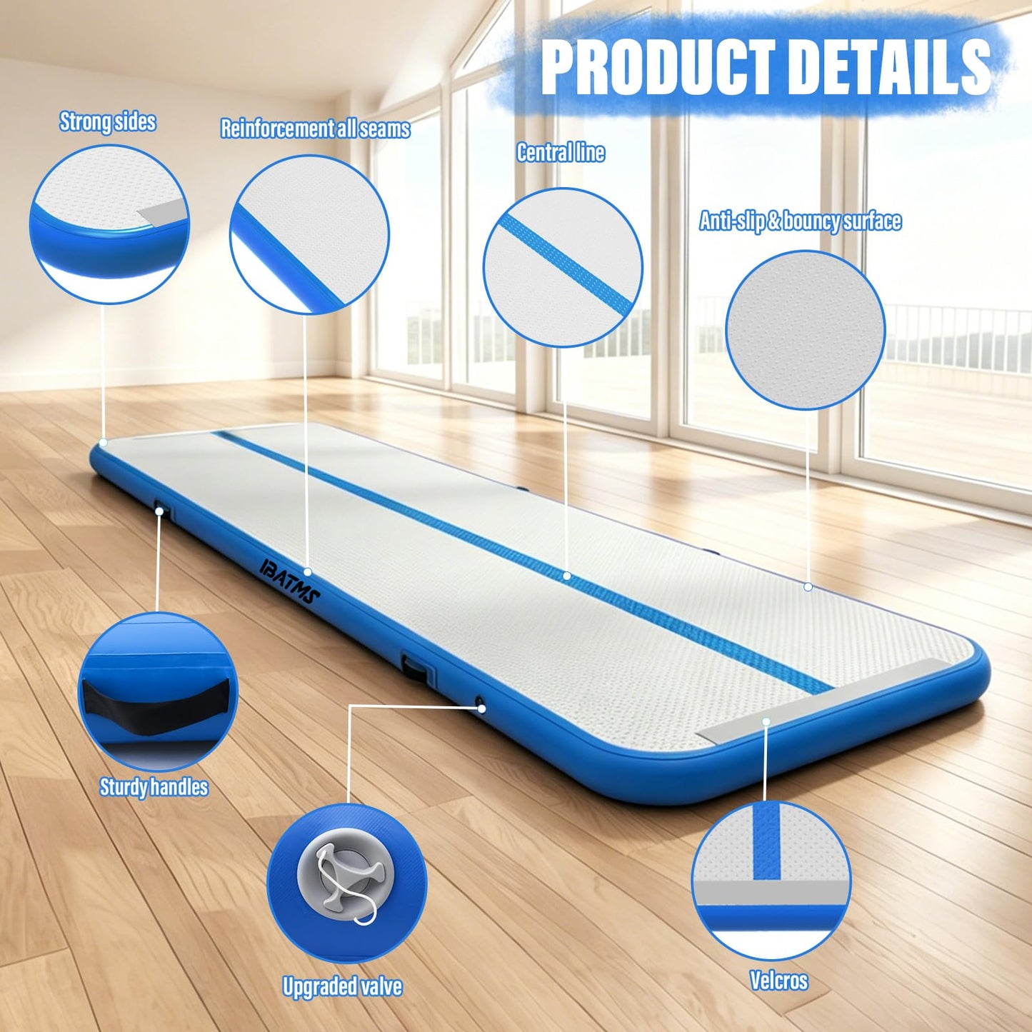 IBATMS Air Track Tumbling Mat 10ft 13ft 16ft 20ft, Inflatable Gymnastics Mat, Tumble Track with Electric Air Pump for Outdoor Indoor Home Gym Cheerleading Training