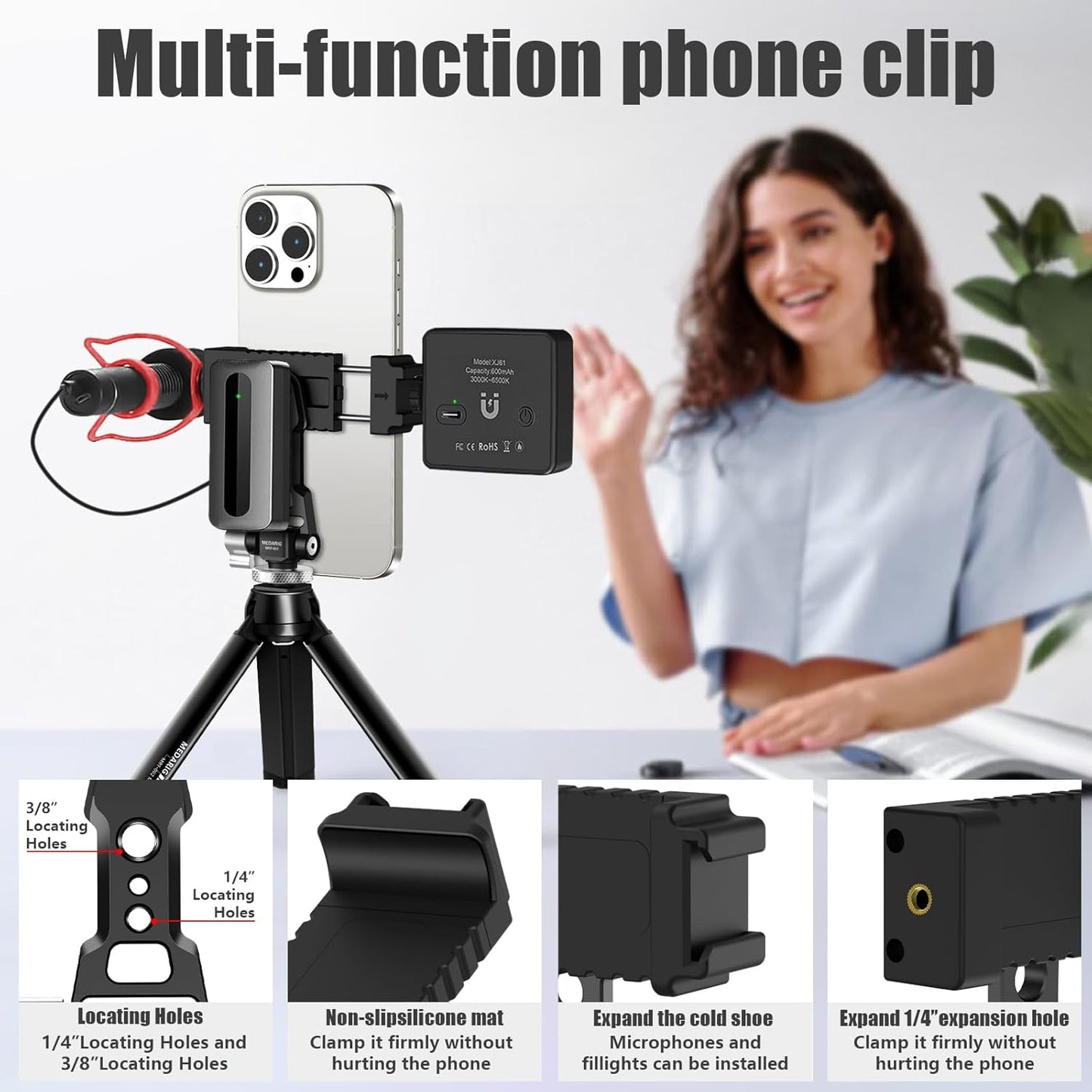 CAMEDAFLX Mount,360Adjustable Aluminum Tripod Stand Mount Universal Smartphone Adapter with Cold Shoe Cellphone Clamp