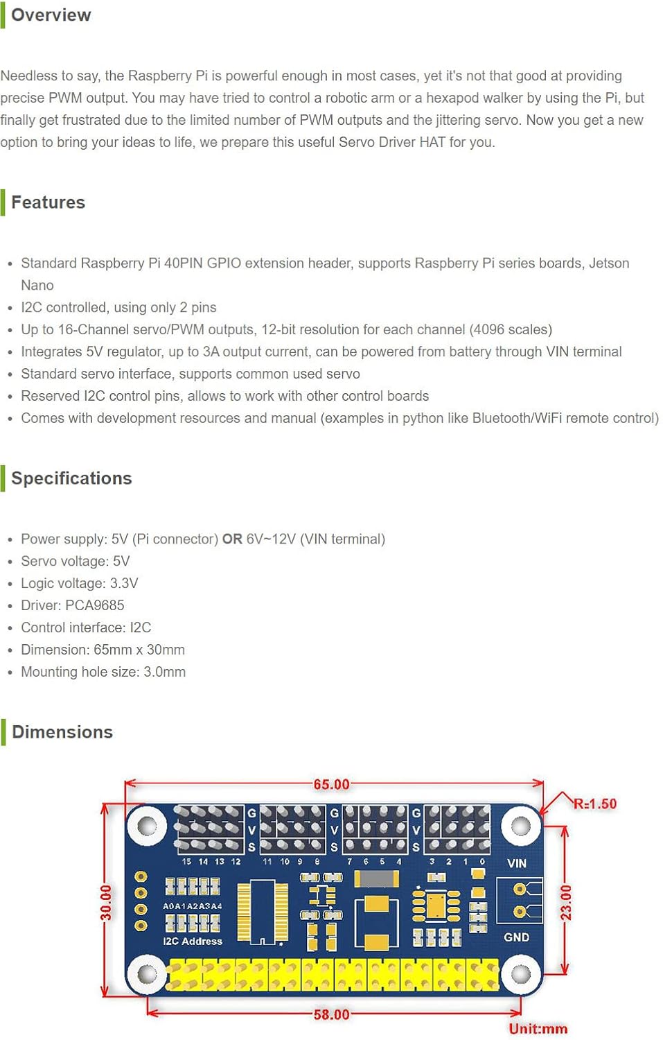 waveshare 3B+ 3B 2B 16 12 I2C Servo Driver Hat for Raspberry Pi Zero WH Zero W Zero Channel PWM Outputs Bit Resolution
