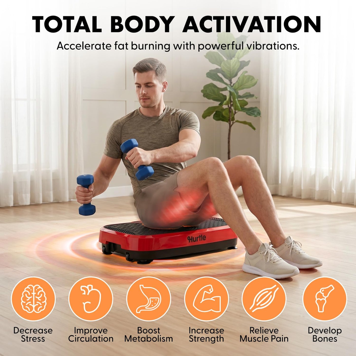 Hurtle Vibration Plate Exercise Machine, Portable Vibration Plate with Handles and 1-99 Speed Levels, 10 Preset Programs, Quiet Low-Impact Home Fitness Platform with Remote Control, Red
