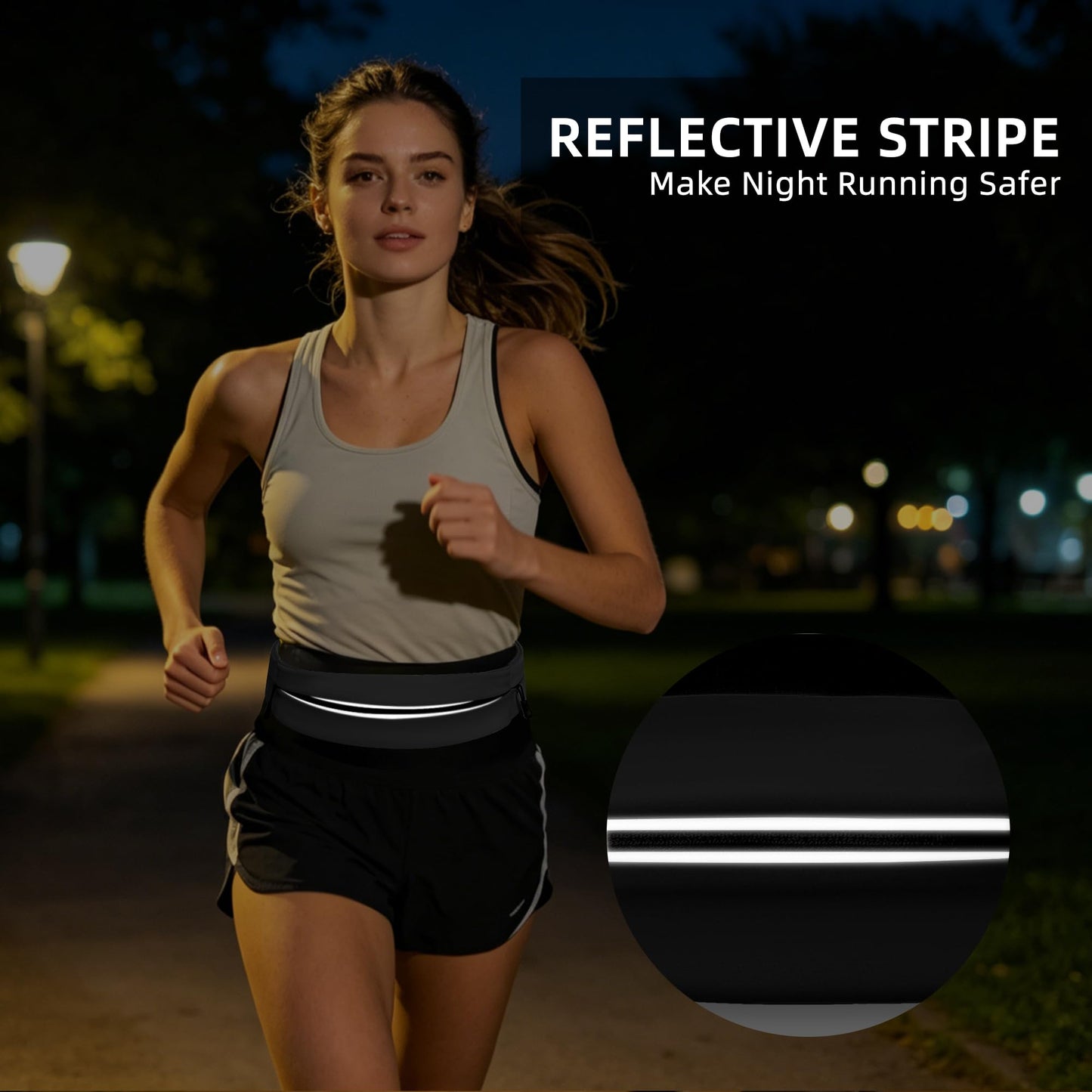 Running Belt for Men Women, Water-resistant Fanny Pack with 3 Zipper Pockets & Reflective Safety Strips, Adjustable Waist Pack Jogging Pouch for Phone, Keys & Essentials (Black, Small)