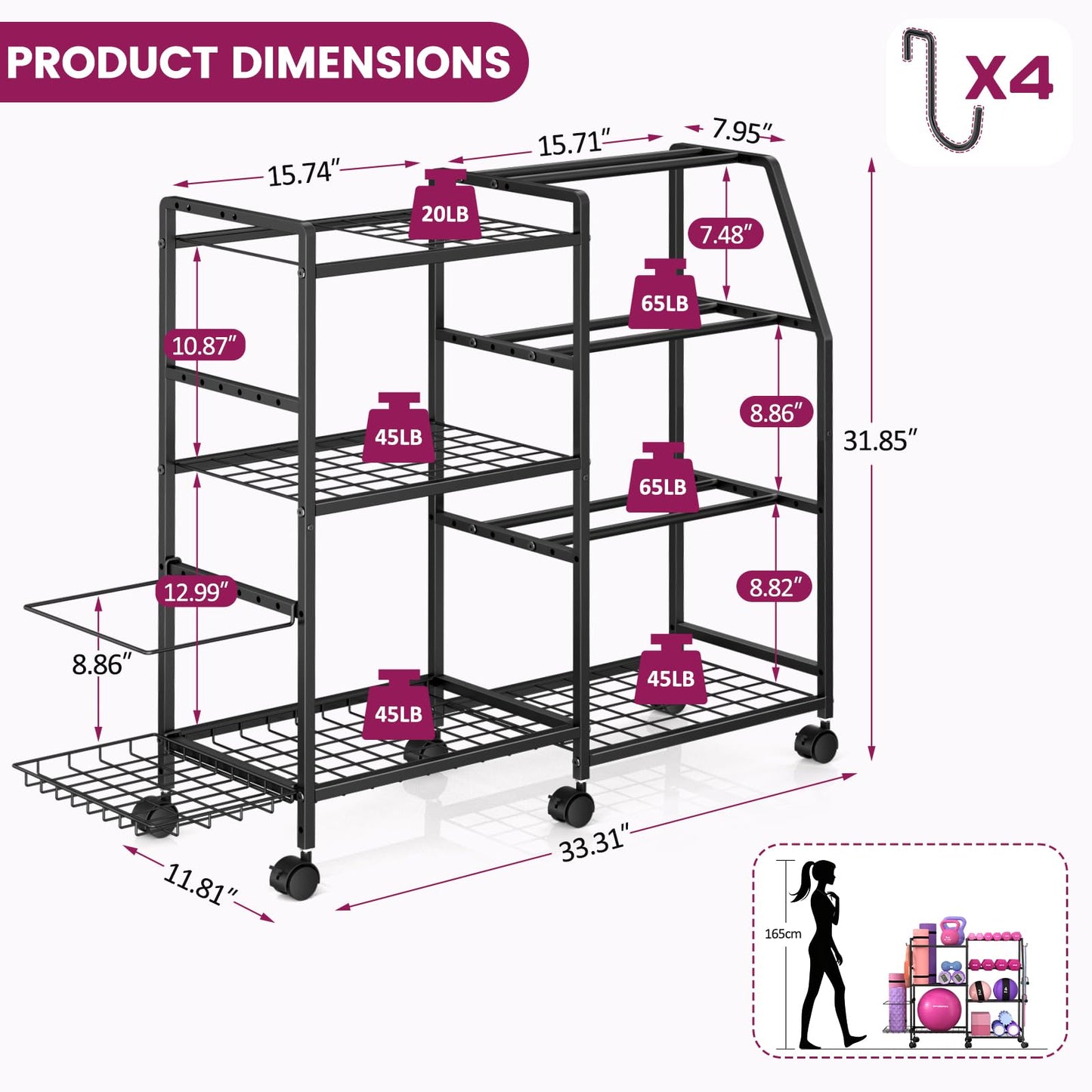 Dumbbell Rack, Weight Rack for Home Gym, Yoga Mat Storage Rack, Exercise Equipment Storage with Wheels and Hooks, Home Gym Equipment Organizer for Kettlebells
