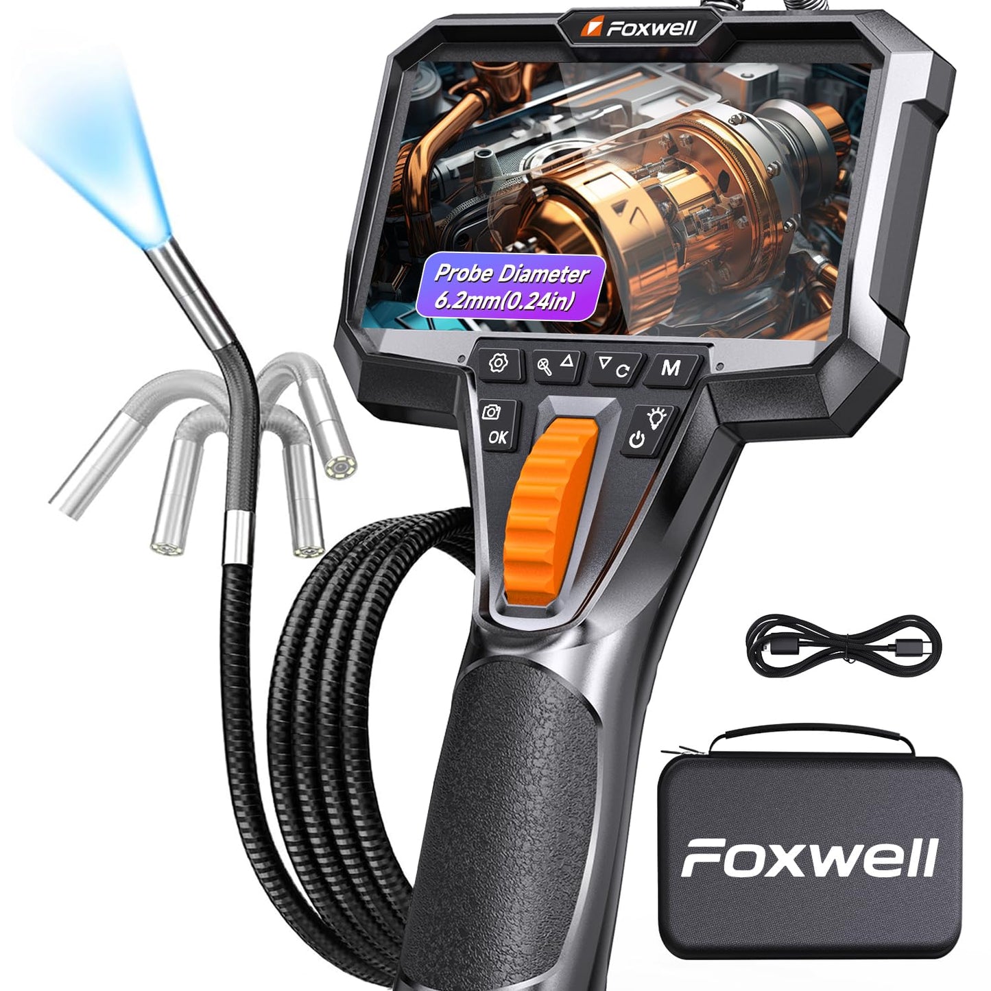 FOXWELL Elite 220° Two-Way Articulating Borescope, 0.24in Ultra-Slim Endoscope Camera with Light, 1920P HD, IP67 Waterproof, 5.3FT Flexible Snake Scope for Automotive Engine Pipe Home Inspection