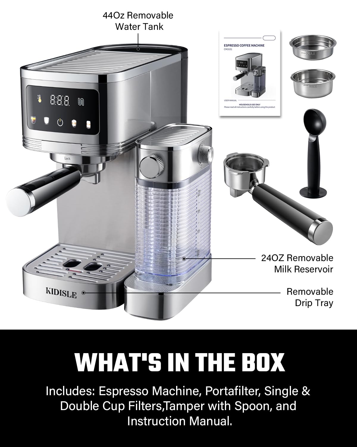 KIDISLE 20 Bar Espresso Machine with Automatic Milk Frother, Cappuccino & Latte Maker, Dual Boiler Coffee Machine (1350W + 1000W), 44oz Water Tank, 24oz Milk Reservoir, Touchscreen, Stainless Steel