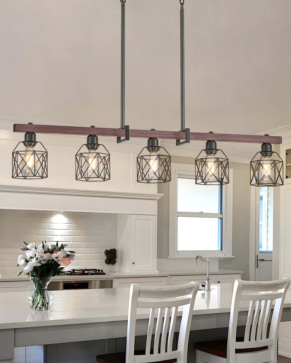 5-Light Industrial Kitchen Island Lighting with Wood Grain Bar and Black Metal Cage, Farmhouse Rustic Hanging Ceiling Lamp for Dining Room, Living Room