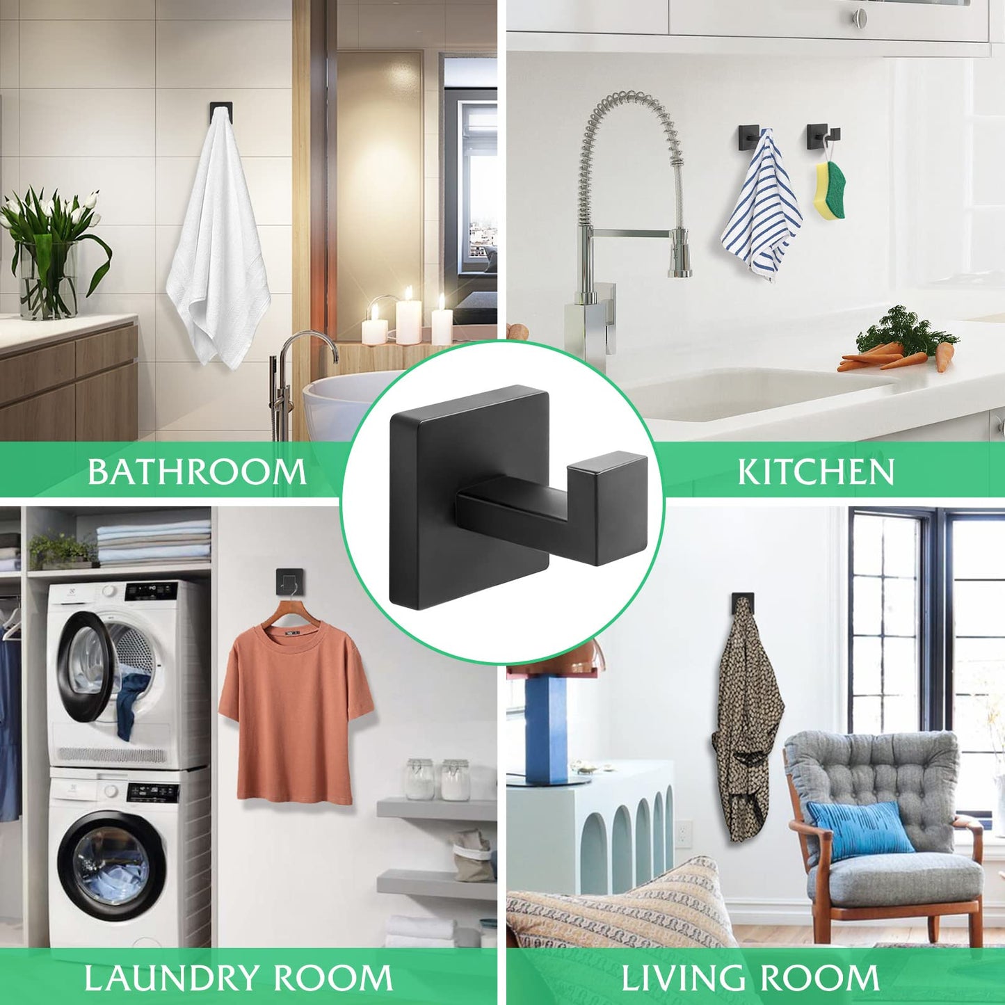 Fenas Heavy Duty Stainless Steel Towel Hooks, Wall Mounted Square Robe Hooks for Bathroom, Kitchen, Bedroom, Hotel Matte Black 2 Pack