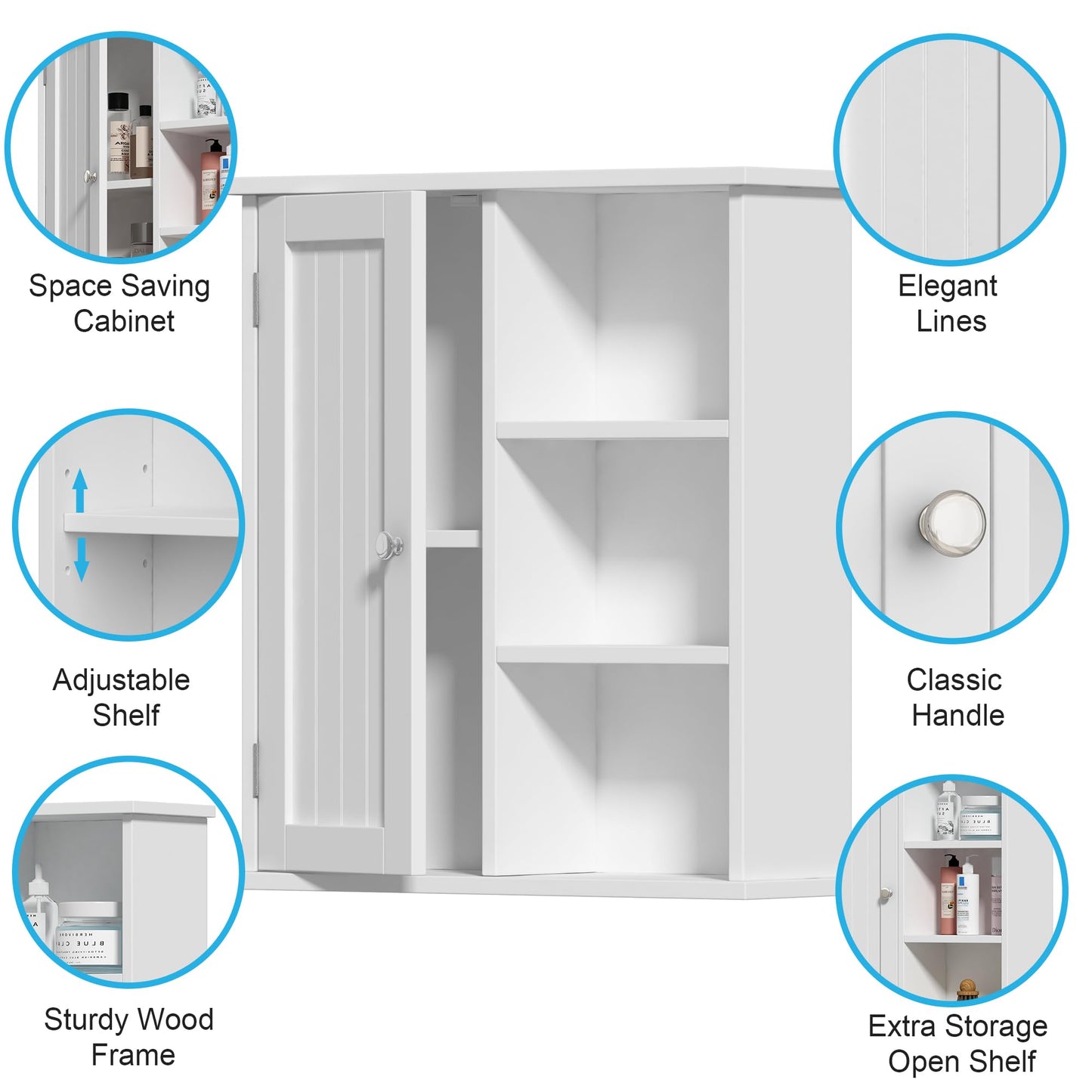 Treocho Bathroom Wall Cabinet, Medicine Cabinet with Door and 3 Open Shelves, Wall Mounted Storage Organizer for Bathroom, Kitchen, Living Room, White