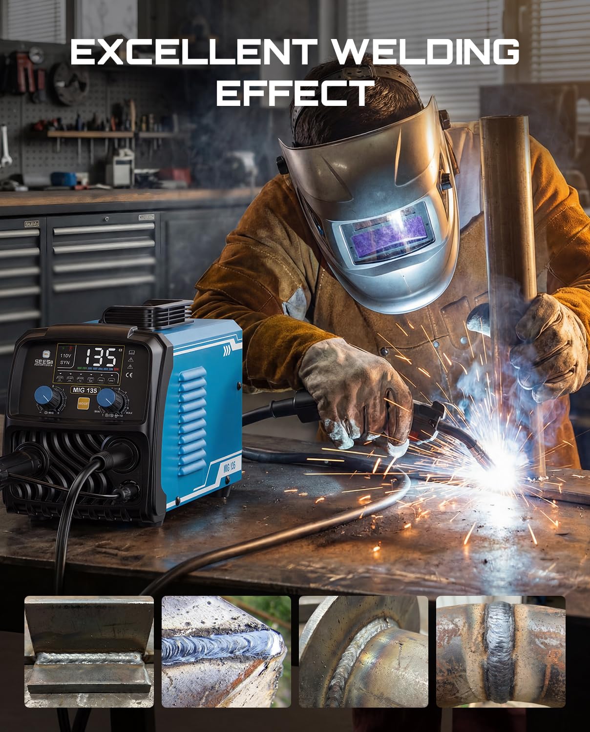 SEESII 135A MIG Welder 110V - 3-in-1 Gasless Flux Core/Lift TIG/Stick Welding Machine, 7.7lbs Portable IGBT Inverter, Large Digital Display Multi Process Welder