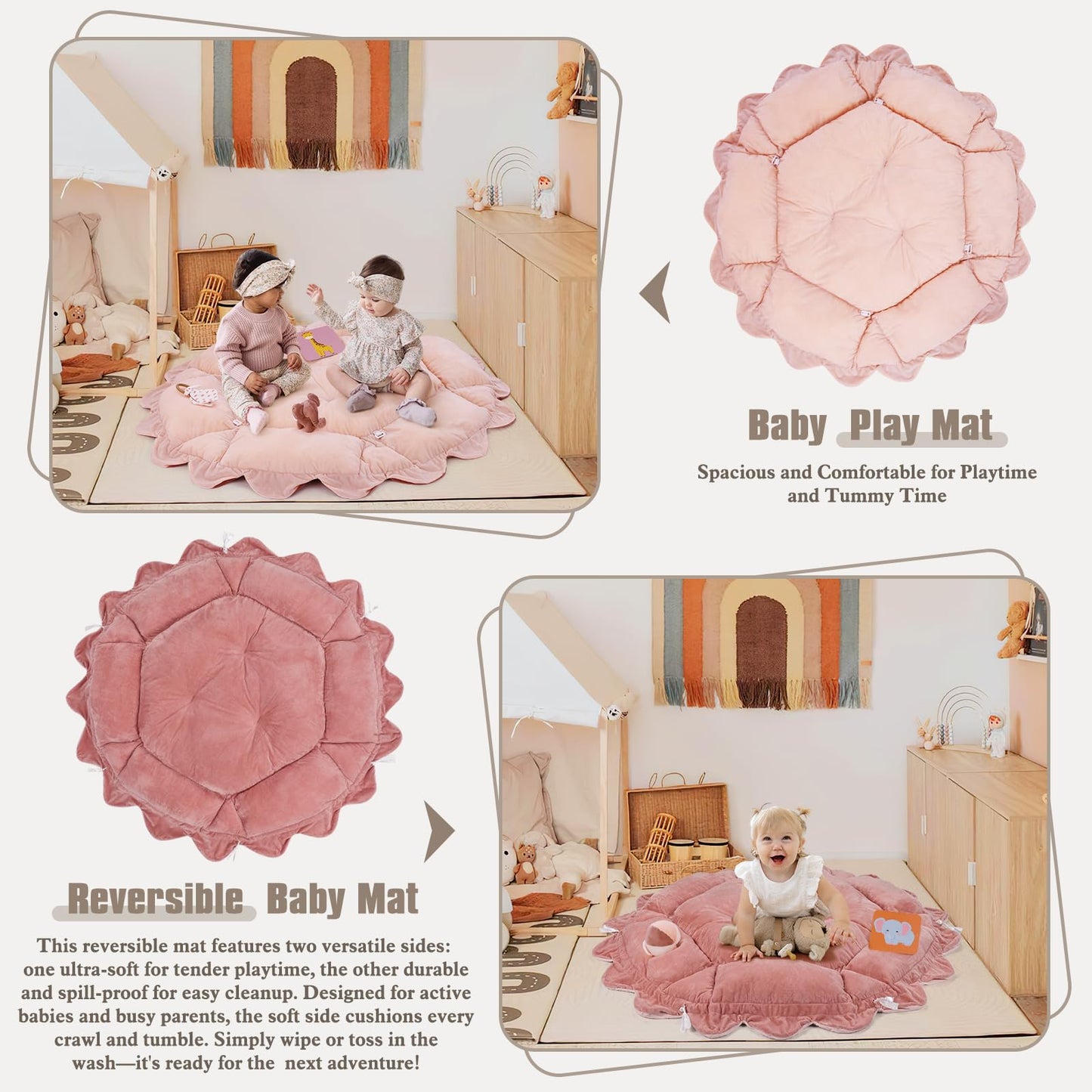 5-in-1 Plush Baby Play Gym, Activity Mat with Convertible Gym, Baby Gym 6 Sensory Toys, Play Center for Newborn to Toddler, Pink