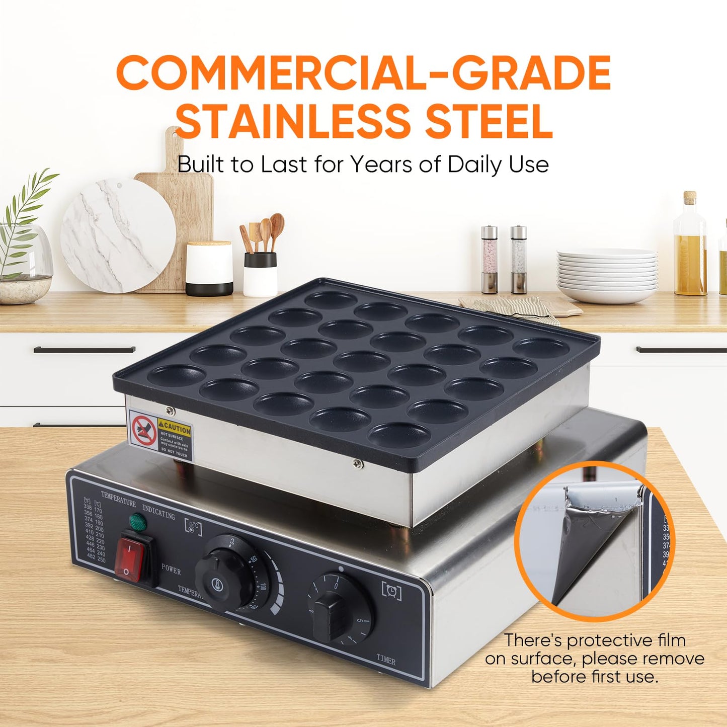 25PCS Commercial Mini Pancake Maker Machine – Stainless Steel 1.6inch Dutch Pancake Maker with Non-Stick Griddle, Adjustable Temperature & Timer – Electric 900W Maquina Para Mini Pancakes